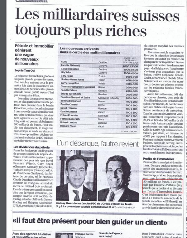 Tribune de Genève - Economie - Les milliardaires suisses toujours plus riches