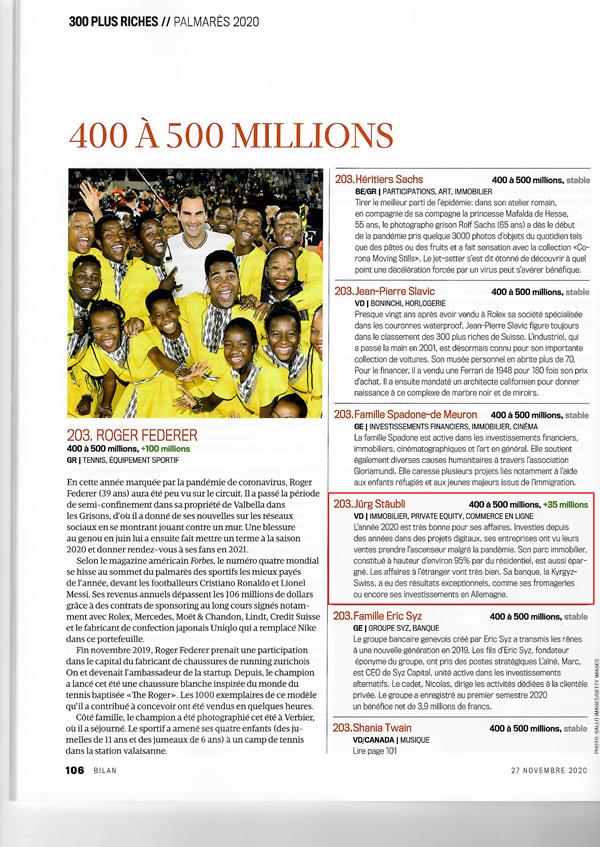 ARTICLE MAGAZINE BILAN NOVEMBRE 2020 / LES 300 PLUS RICHES DES SUISSE